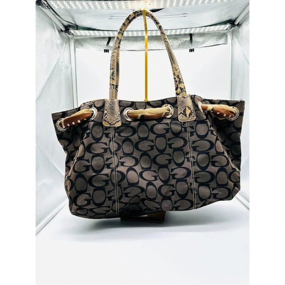 Designer Style Brown Monogram Tote‎ Bag Snake Print Handles Scarf Large Shoulder
